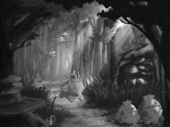 full piece; black and white; multiple characters